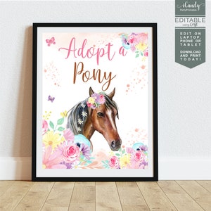 Adopt a Pony Party Sign, Horse Birthday Party, Horse Birthday Sign, Editable Sign, Printable Instant Download,