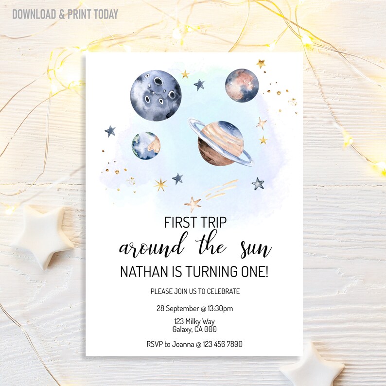 First Trip Around The Sun Birthday Invitation, 1st Birthday Outer Space Party, Editable Invitation, Instant Download, image 6