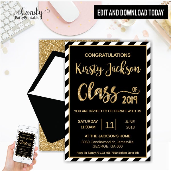 Graduation Invitation, Graduation Announcement, Class of 2024, Printable Graduation Invitation, Instant Download, Editable