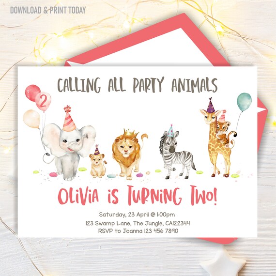 Party Animals Birthday Invitation for Girl, Safari Animals, 2nd Birthday, Zoo, Editable Instant Download, Il_570xn