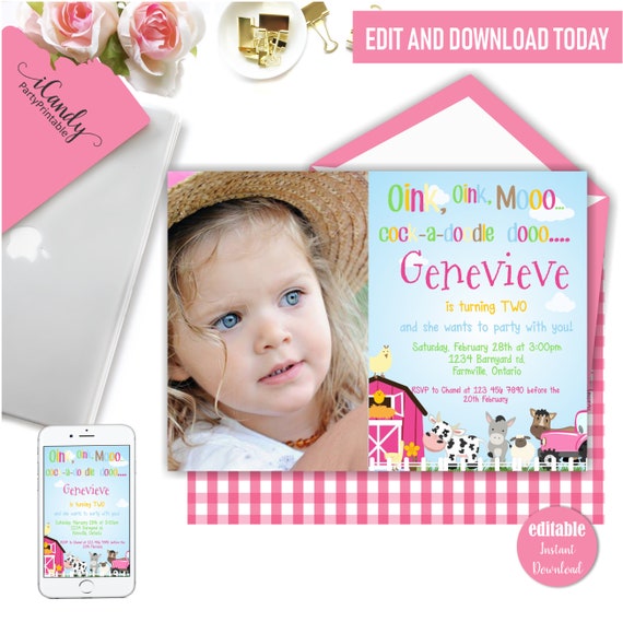 Farm Birthday Invitation for a Girl, Photo Invitation, Farm Animal Invitation, Editable Instant Download, Il_570xn