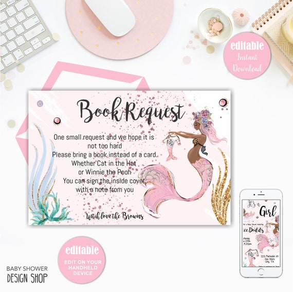 Mermaid Baby Shower, Book Request Card, Printable Book Request card, Editable Template Il_570xn