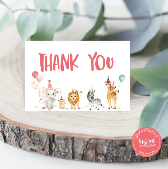 Thank you Cards, First Birthday Girl, Safari Thank You Cards for a 1st Birthday, Printable Instant Download Il_570xn