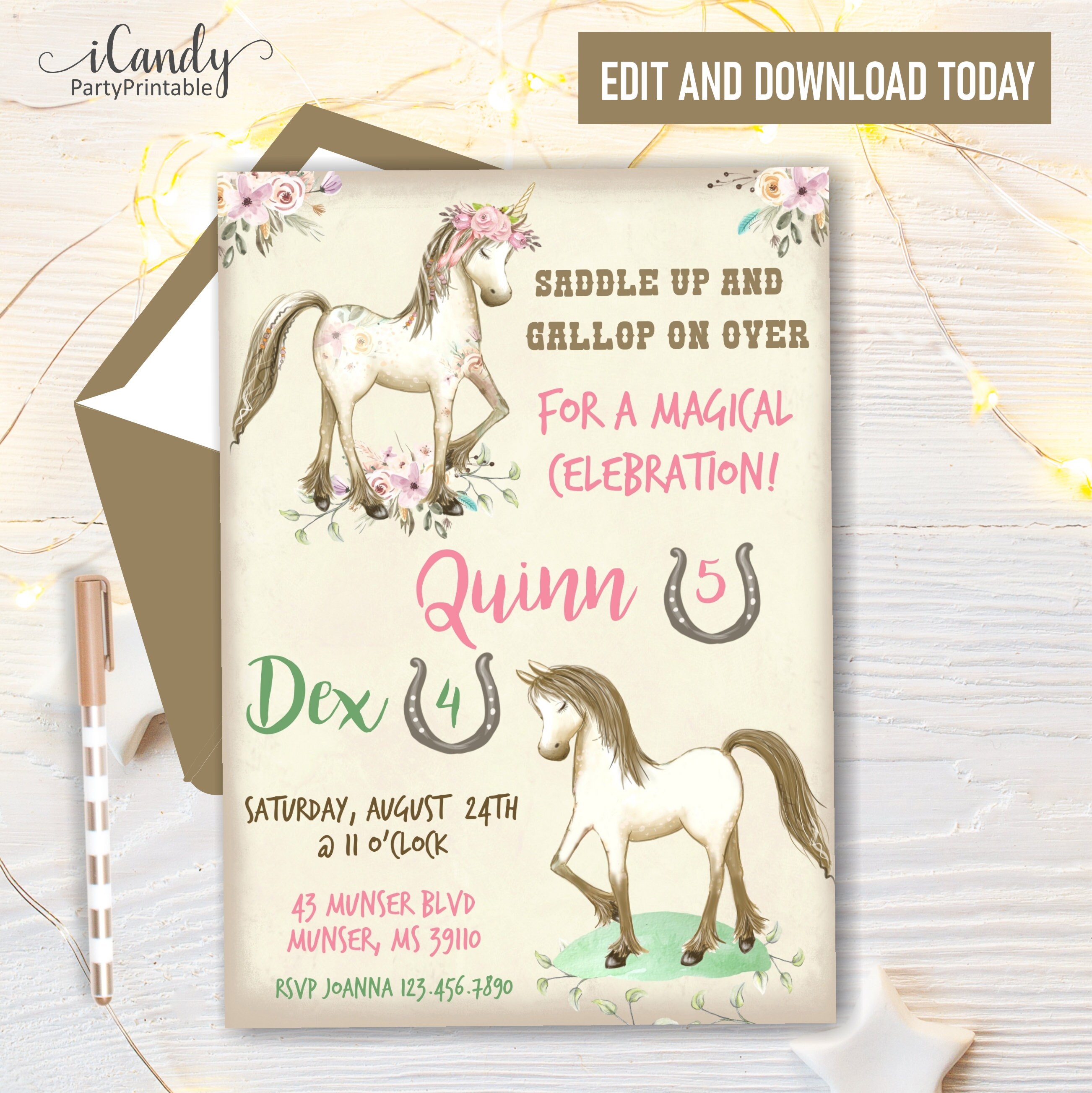 Sibling Birthday Party Invitation, Horse, Unicorn Birthday Invitation, Joint Party Invite, Editable, Instant Download,