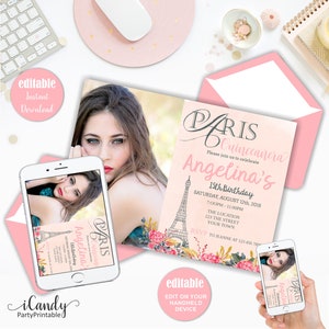 Quinceanera Invitation, 15th Birthday Invitation, Paris Invitation, DIY Editable Invitation, Instant Download