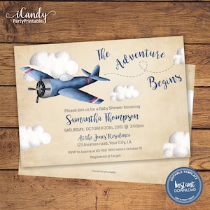 Airplane Baby Shower Invitation, Boy Baby Shower, The Adventure Begins, Printable Instant Access, Edit Now