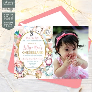 Alice In Wonderland Invitation, Photo Invitation, Alice in ONEderland, First Birthday, Editable Instant Download,