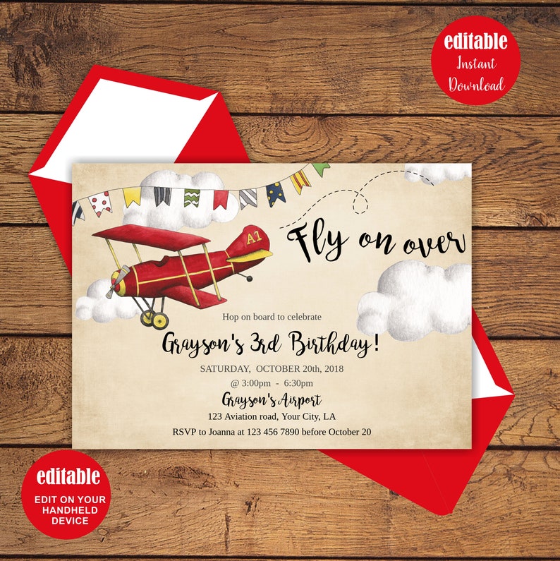 Airplane Invitation, Airplane Party Editable Invitation, Fly on over invite, Instant download image 1