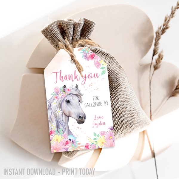 Horse Birthday Party Favor Tags, Thank you Tag, Girl Horse Party, Editable Favor Tags, Printable Tags, Instant Download,