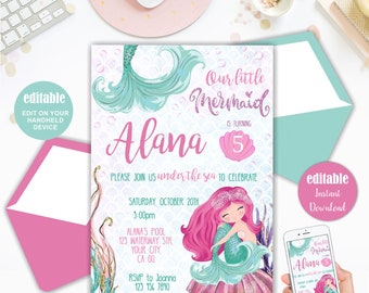 Editable Little Mermaid Under the Sea Birthday Invitation, Editable and Instant Download