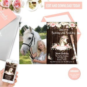 Horse Birthday Photo Invitation, Rustic Shabby Chic Horse Invitation, Editable, Instant download,