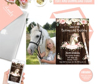 Horse Birthday Photo Invitation, Rustic Shabby Chic Horse Invitation, Editable, Instant download,