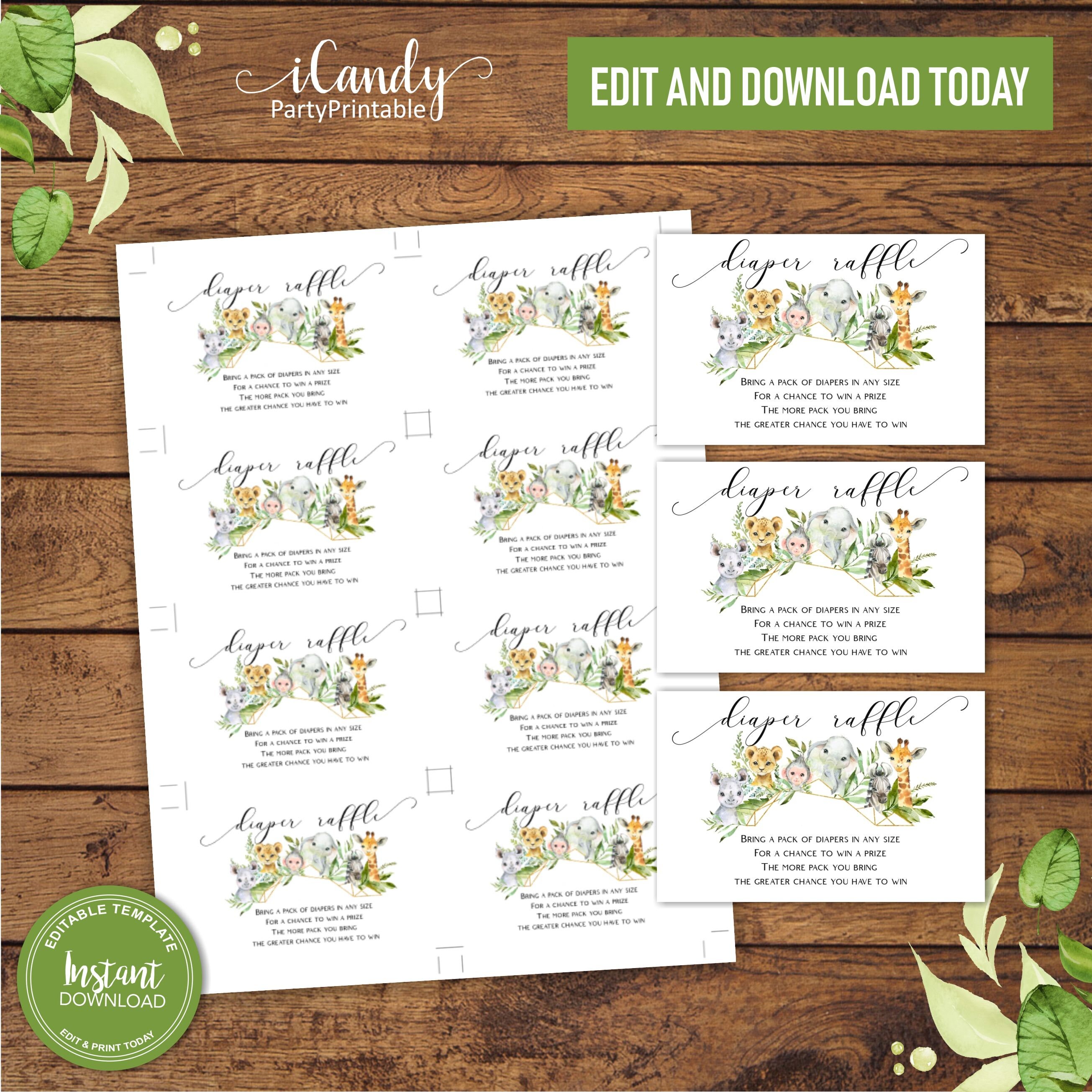 Safari Baby Shower Diaper Raffle Cards Editable Printable | Etsy