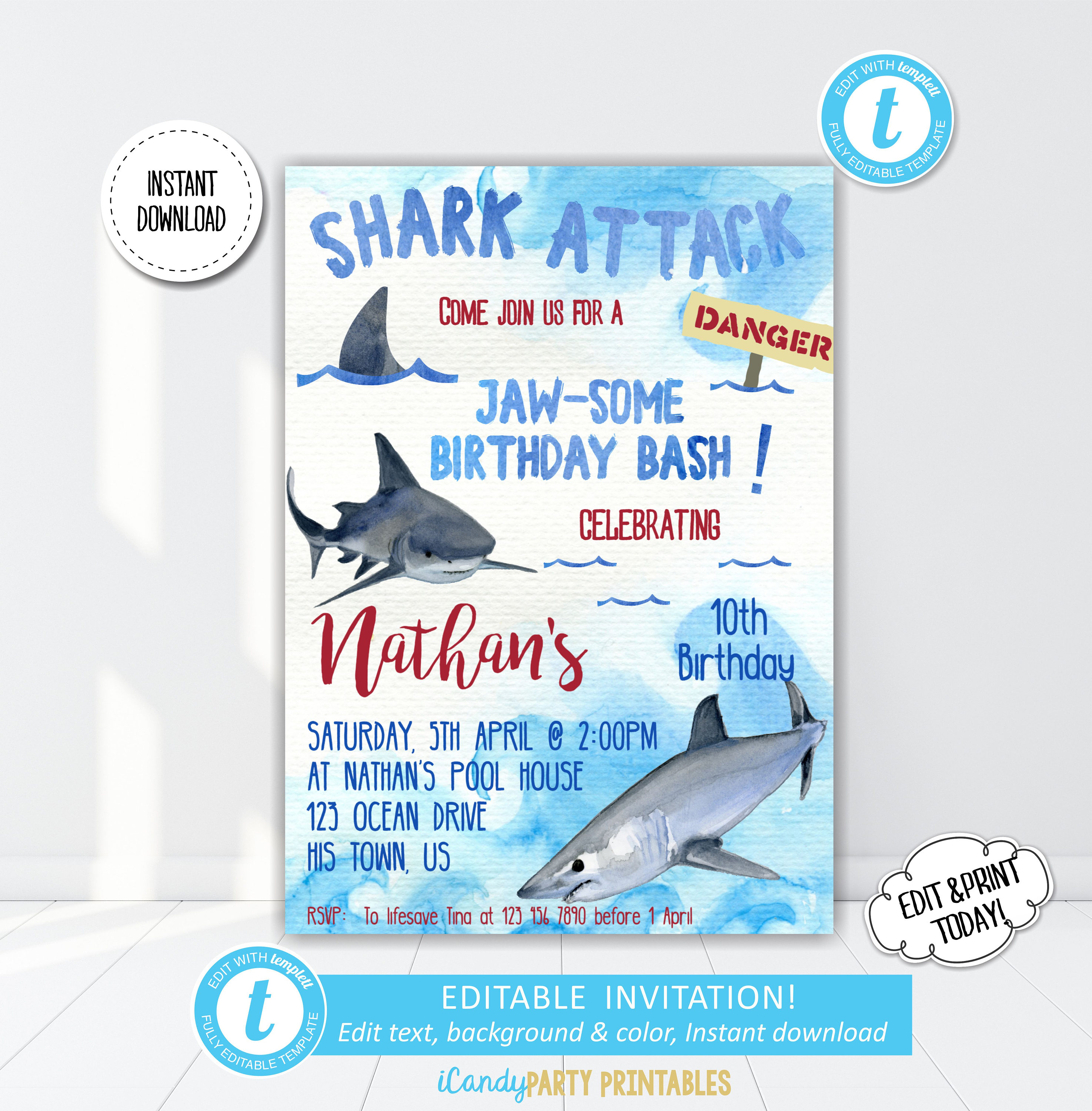 Shark Birthday Invitation Boy Shark Invite Printable Boys Etsy