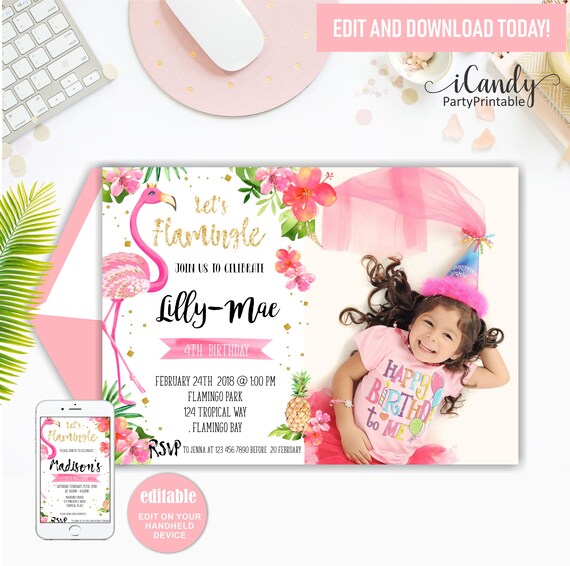 Let's Flamingle Invite, Flamingo 1st Birthday Invitation, Flamingo Party Invite, Photo Invitation, Templett, Instant Download, Editable Il_570xn