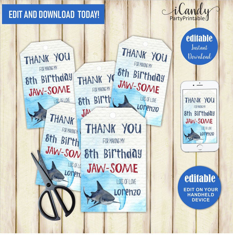 Shark Thank you Tag, Shark Party favor tags, Thank you Tags, Favor Tags, INSTANT DOWNLOAD, Editable image 1