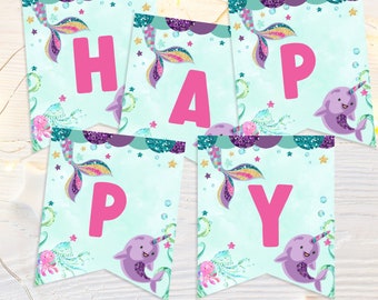 Mermaid and Narwhal Birthday Banner, Printable Birthday Banner, Mermaid and Narwhal Party, Instant Download