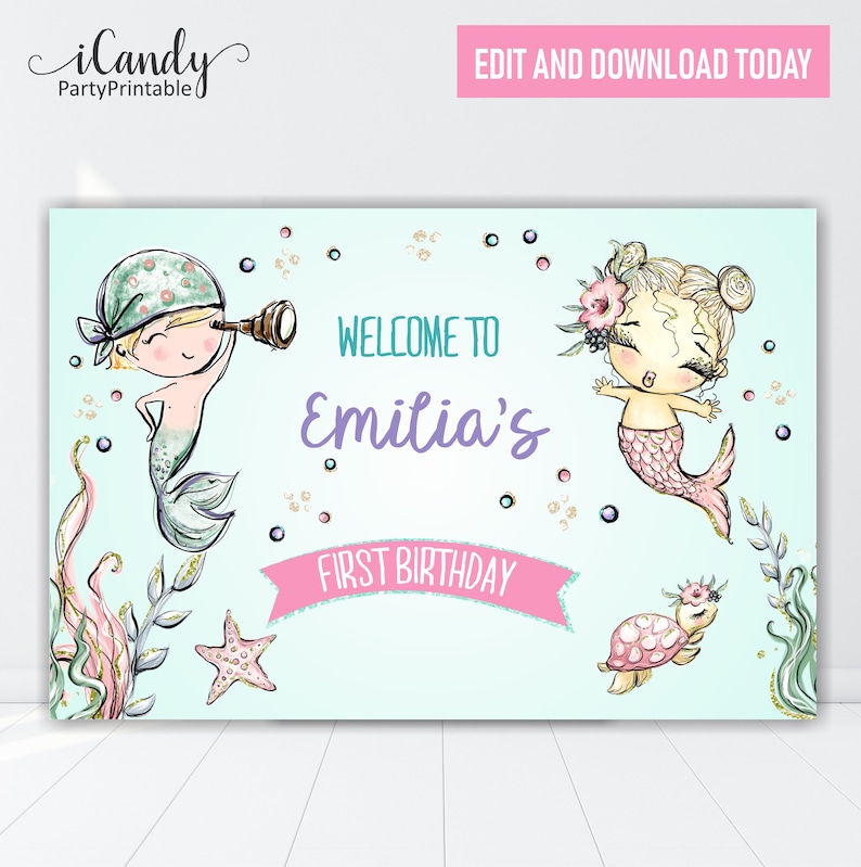 Mermaid and Pirate 1st Birthday Printable Backdrop Customized by us,