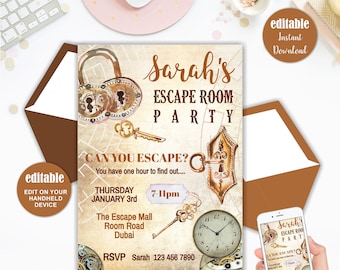 Uitnodiging Escape Room, uitnodiging Escape Room-feestje, Escape Room-spel, bewerkbaar, Instant Download