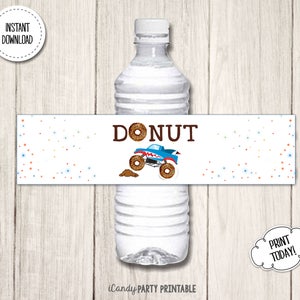 Wasserflaschenetikett, Monstertruck, Donut-Geburtstagsfeier, bearbeitbarer Sofort-Download