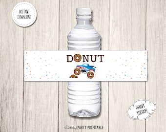 Water Bottle Label, Monster Truck, Donut Birthday Party, Editable Instant Download