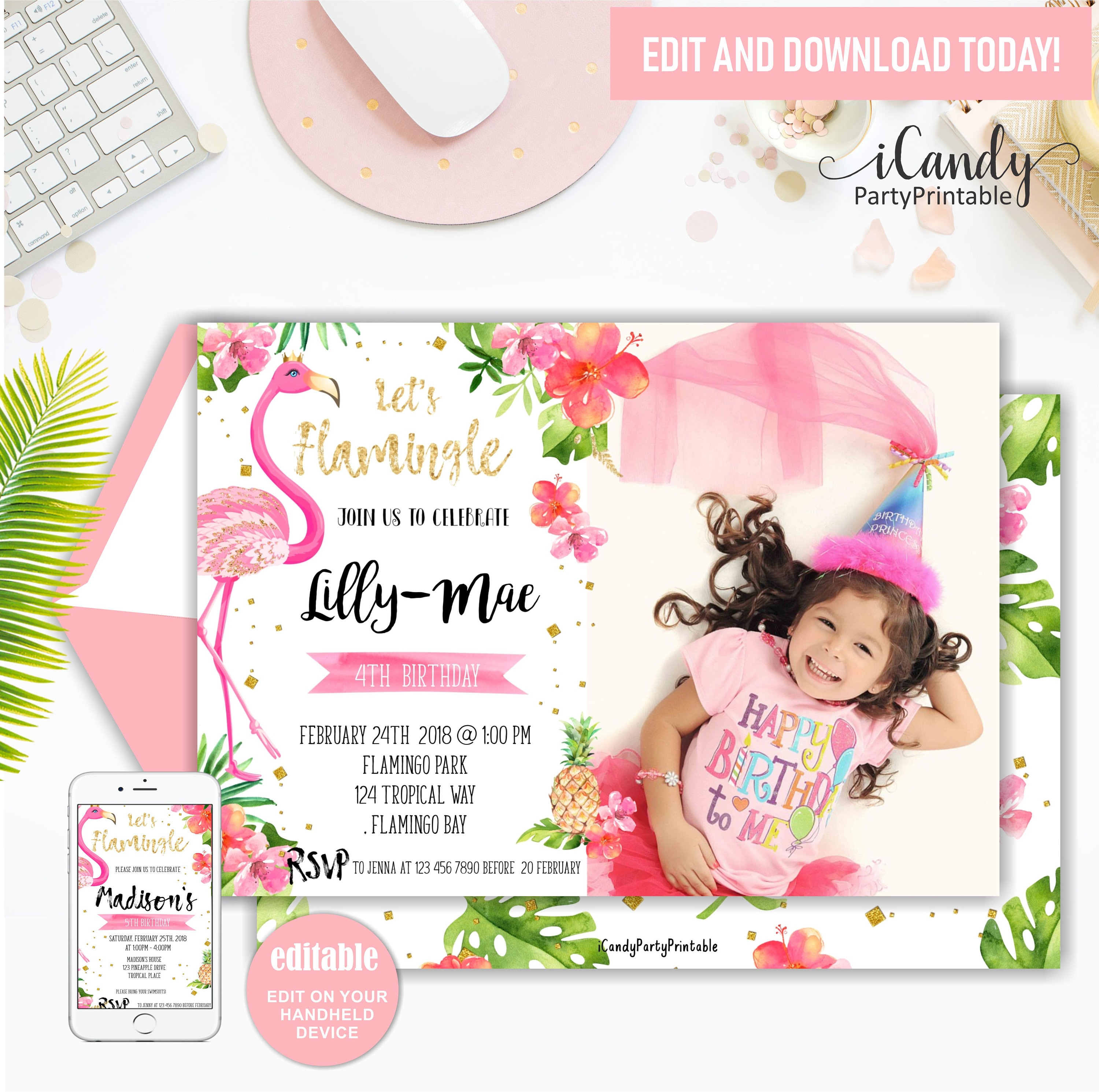Digital Printable template Flower Girl Editable Floral Flamingo Birthday Party invitation Pink Invite Feminine Baby Shower Templett