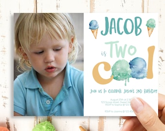 Ice Cream Birthday Photo Invitation for a Boy, Two Cool 2nd Birthday Invitation, Printable Instant Download,