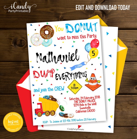 Construction Birthday Invitation, Donut Invitation, Instant Download, Editable Il_570xn