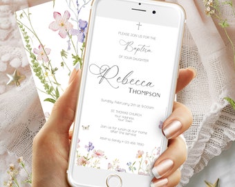 Baptism Smartphone Invitation, Wildflower Baptism Invitation Girl, Wildflower Baptism, Christening Invitation, Baptism Evite Invitation,