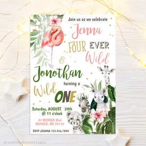 Four Ever Wild Birthday Invitation, Safari Animals, Wild One Safari Party, Instant Download, Editable and Printable image 1