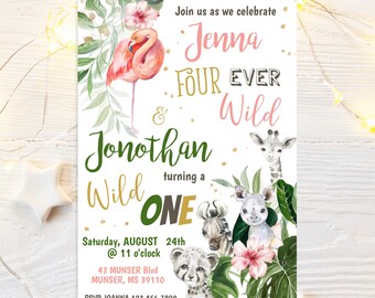 Four Ever Wild Birthday Invitation, Safari Animals, Wild One Safari Party, Instant Download, Editable and Printable