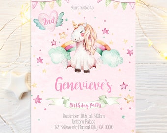 Unicorn Invitation,  Rainbow Unicorn Birthday Invitation, Unicorn Party, Editable Invitation, Instant Download,