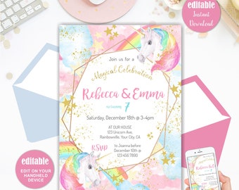 Unicorn Invitation for Twins Birthday Invitation, Editable Instant Download,