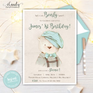 Teddy Bear Picnic Invitation, 1st Birthday, Boy, Editable Instant Download,