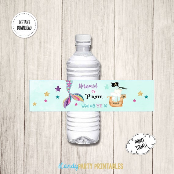 Mermaid and Pirate Bottle labels, Mermaid and Pirate Party, Mermaid bottle label, Bottle Labels, Party Decor, Digital, Printable Il_570xn