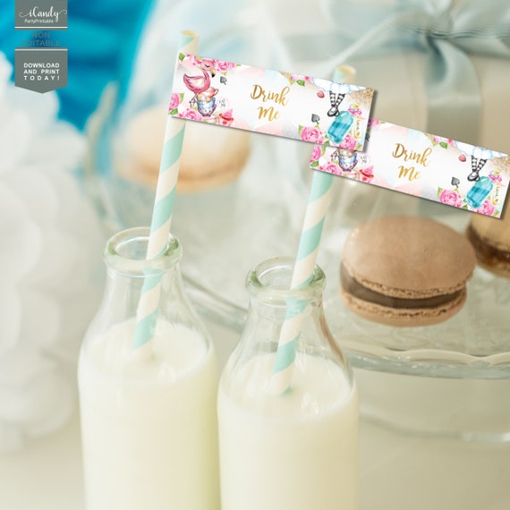 Alice in Wonderland Straw Tags, Alice in ONEderland, Printable Straw Tags, Digital Download, Editable Tags, Il_570xn