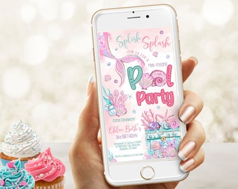Editable Mermaid Invitation, Under the Sea Pool Party Invitation for Girls, Smartphone Invitation, Pool Party Instant Download,
