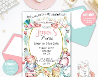 Editable Alice In Wonderland Tea Party Invitation, Girl Tea Party, Mad Hatters Party, Printable Instant Download,