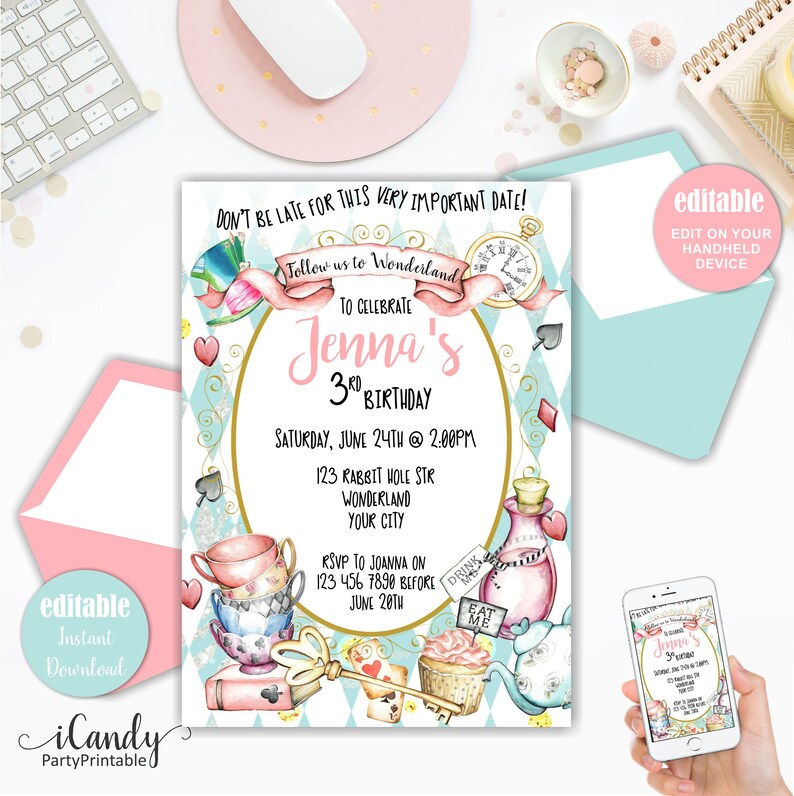 Alice In Wonderland Invitation Alice Party Invite Editable Etsy