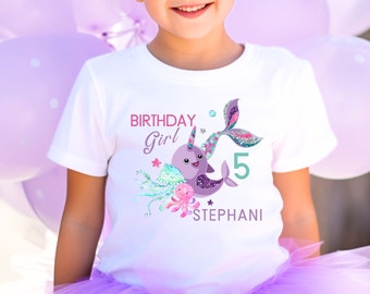 Narwhal and Mermaid Birthday T-Shirt, Girls Personalised Cute Mermaid Birthday Party T-Shirt, Add Your Name And Number Birthday,