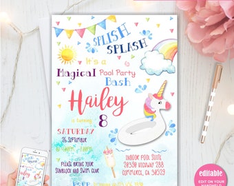 Pool Party Invitation, Unicorn Invitation, Splish Splash, Self Editing, Instant Download