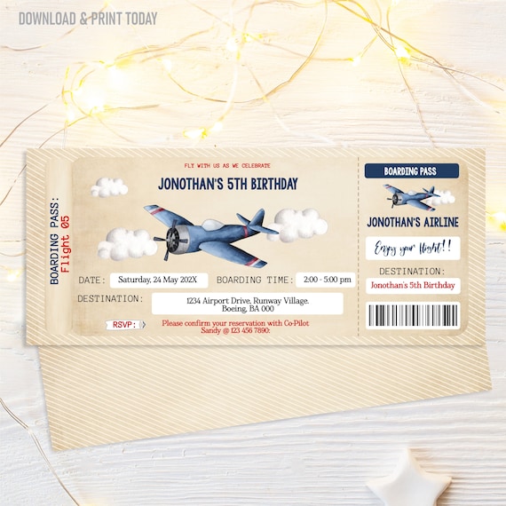 Airplane Ticket Birthday Invitation, Airplane Invitation for Boy, Editable Invitation, Il_570xn