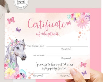 Horse Adoption Certificate, Horse Birthday Party, Editable Adoption Certificate, Pony Adoption, Instant Download,