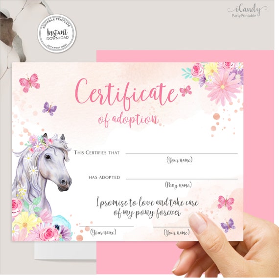 Horse Adoption Certificate, Horse Birthday Party, Editable Adoption Certificate, Pony Adoption, Instant Download, Il_570xn