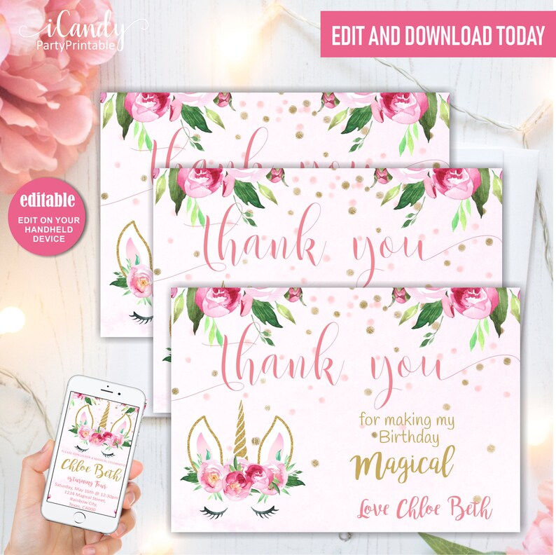 Unicorn Thank You Cards Printable Unicorn Thank You Card - Etsy