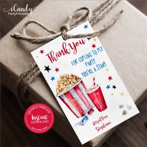 Tarjetas de agradecimiento para fiestas de cine, editables, descarga instantánea