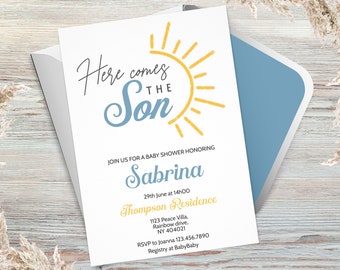 Here Comes the Son Baby Shower Invitation Sunshine Baby Shower Editable Instant Download