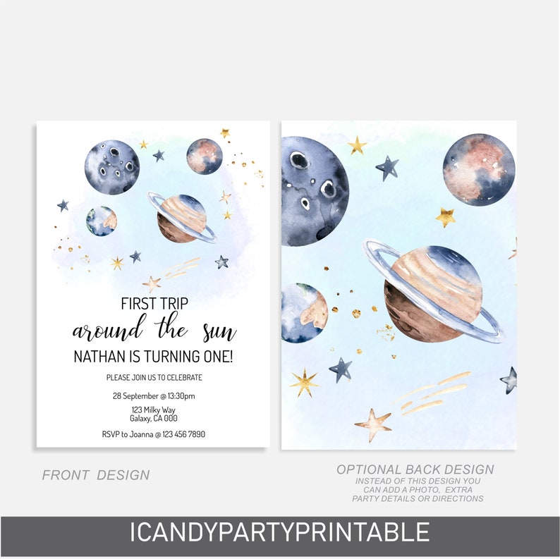 First Trip Around The Sun Birthday Invitation, 1st Birthday Outer Space Party, Editable Invitation, Instant Download, image 2