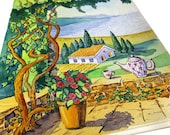 paysage d'été imprimé, beau jardin, maison de campagne, villa aquarelle, cottage, dessin, vue sur la mer, belle Découvre Print, Romance, A4