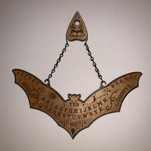 Rustic Bat Ouija Spirit Board Wood Hanging Sign and Planchette Halloween